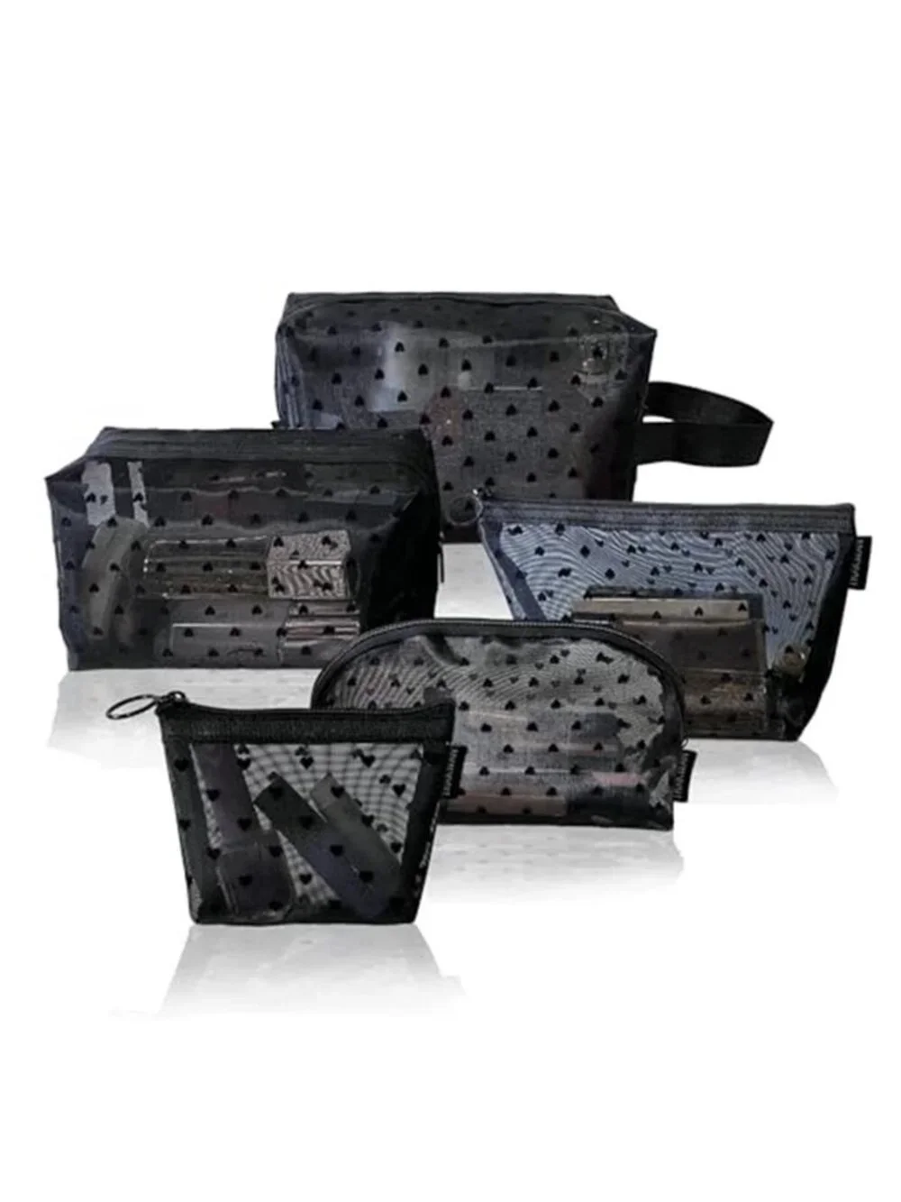 5 Pieces Heart Printed Mesh Makeup Bag Set Portable Travel Mesh Cosmetic Bags